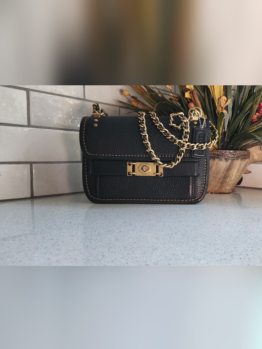 Coach Black Pebbled Leather Crossbody with Gold Chain